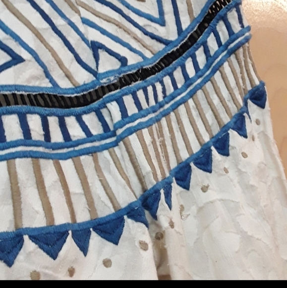 Cream Tribal Blue Texture Blak Embroidered Peasant Top S z S - Picture 5 of 13